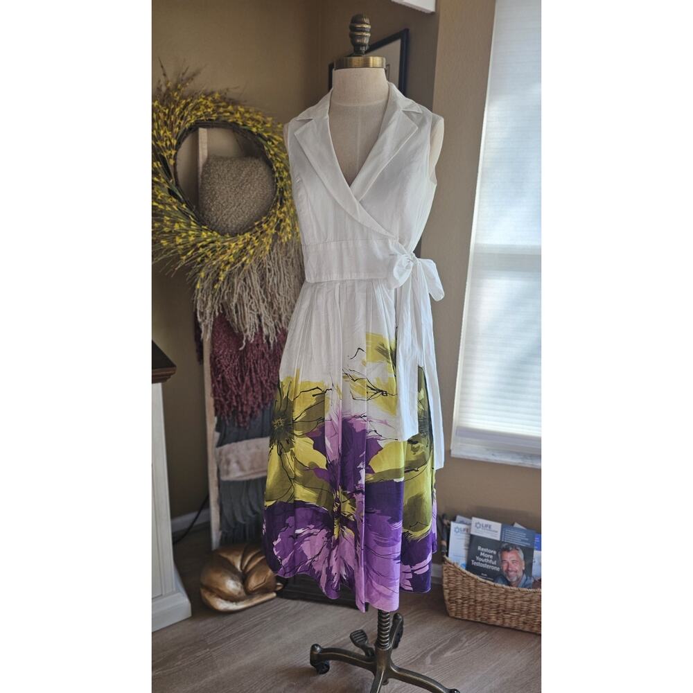 RETRO Jones NY White & Purple Floral Midi Dress Wrap & Flare SZ 8 100% Cotton
